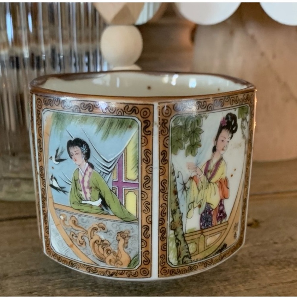 Vintage Japan Pentagon Oriental Tea cup bowl 1970s Asian Porcelain Brush pot